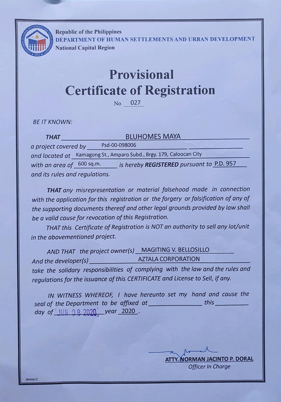 BluHomes Maya - DHSUD Certificate of Registration