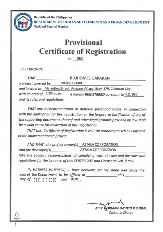 BluHomes Gakakan - DHSUD Certificate of Registration