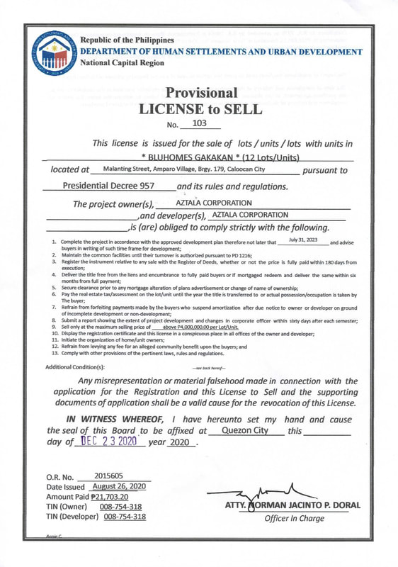 BluHomes Gakakan - DHSUD License to Sell